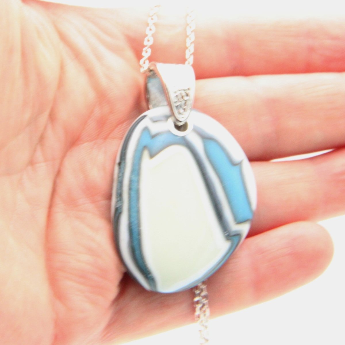Turquoise and Ivory Glass Pendant with Silver Accents, Handmade Unique Glass Jewelry, Gift for Art Lover