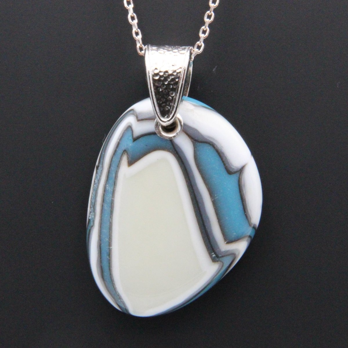 Turquoise and Ivory Glass Pendant with Silver Accents, Handmade Unique Glass Jewelry, Gift for Art Lover