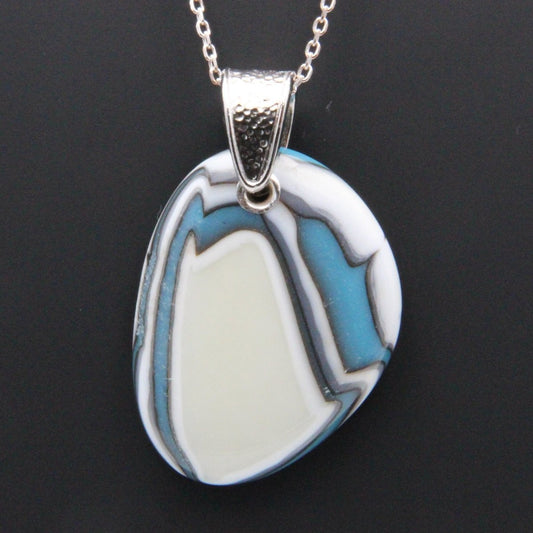 Turquoise and Ivory Glass Pendant with Silver Accents, Handmade Unique Glass Jewelry, Gift for Art Lover