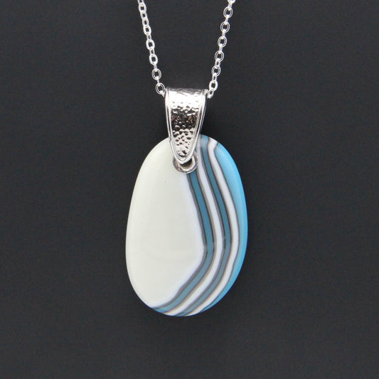 Turquoise and Ivory Glass Pendant with Silver Accents, Handmade Unique Glass Jewelry, Gift for Art Lover