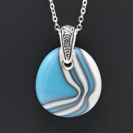 Turquoise and Ivory Glass Pendant with Silver Accents, Handmade Unique Glass Jewelry, Gift for Art Lover