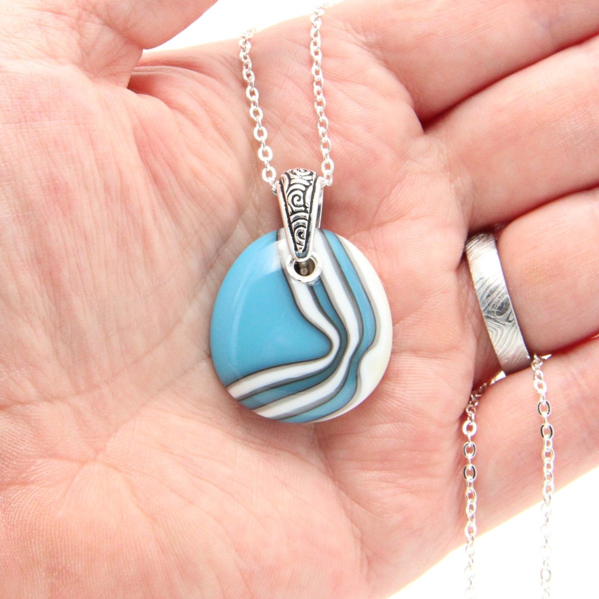Turquoise and Ivory Glass Pendant with Silver Accents, Handmade Unique Glass Jewelry, Gift for Art Lover