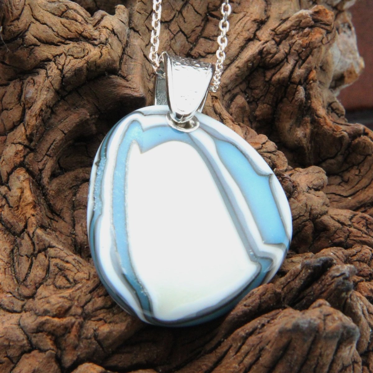 Turquoise and Ivory Glass Pendant with Silver Accents, Handmade Unique Glass Jewelry, Gift for Art Lover