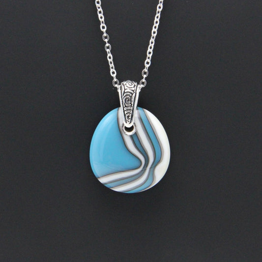 Turquoise and Ivory Glass Pendant with Silver Accents, Handmade Unique Glass Jewelry, Gift for Art Lover