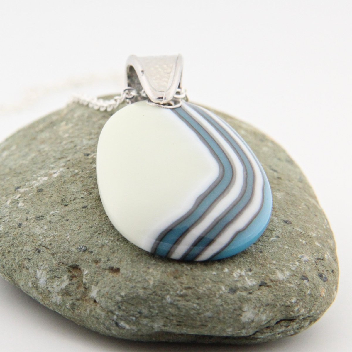 Turquoise and Ivory Glass Pendant with Silver Accents, Handmade Unique Glass Jewelry, Gift for Art Lover