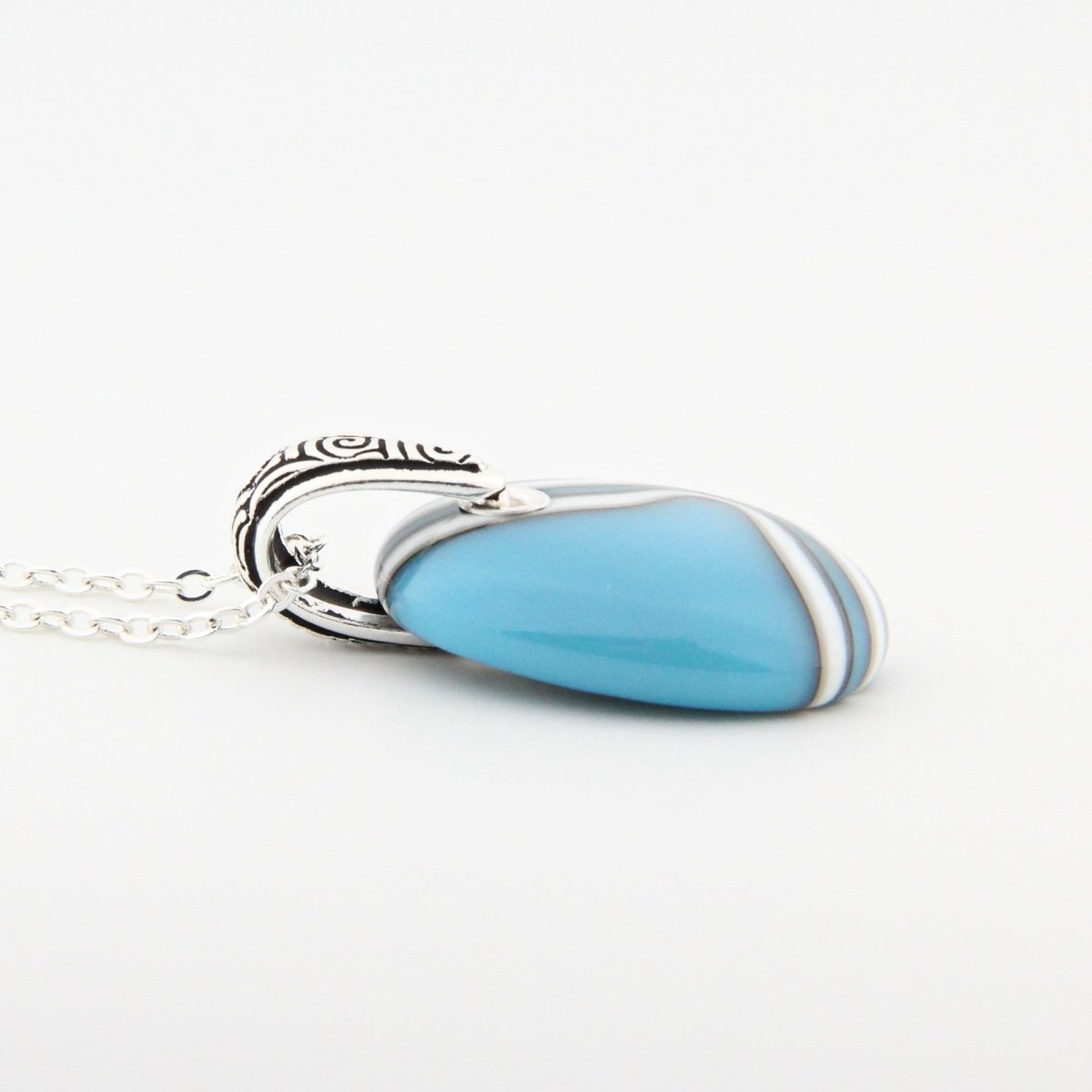 Turquoise and Ivory Glass Pendant with Silver Accents, Handmade Unique Glass Jewelry, Gift for Art Lover