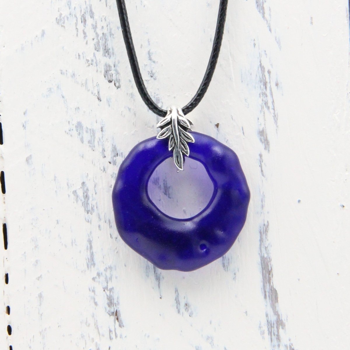 Upcycled Blue Donut Necklace, Recycled Glass Pendant