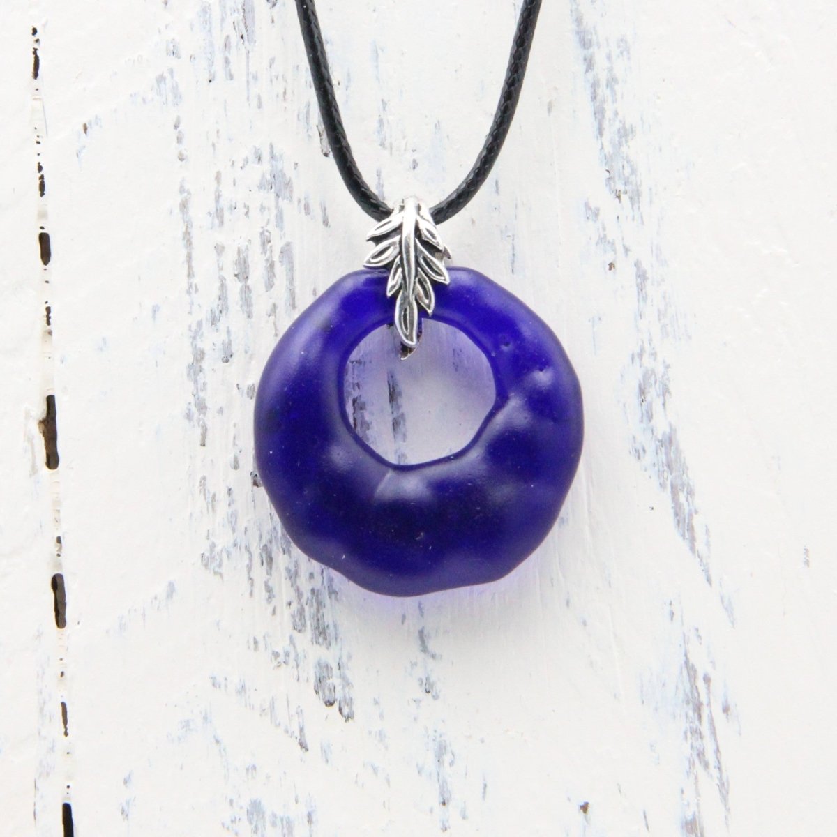 Upcycled Blue Donut Necklace, Recycled Glass Pendant