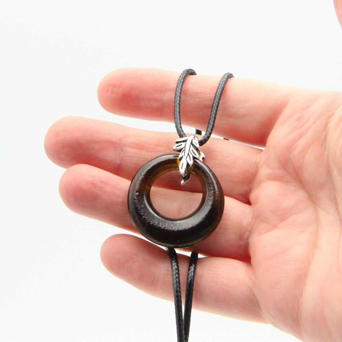 Upcycled Brown Donut Necklace, Recycled Glass Pendant