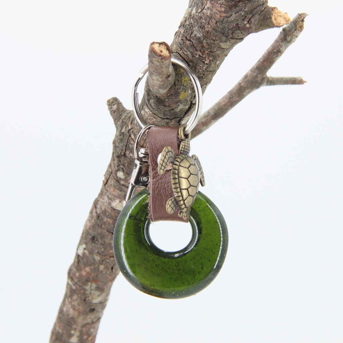 Upcycled Glass and Leather Keychain with a Turtle Charm
