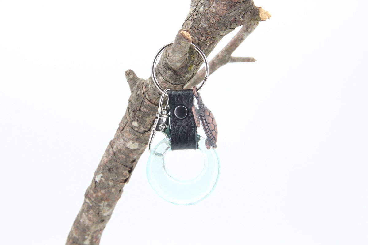 Upcycled Glass and Leather Keychain with a Turtle Charm