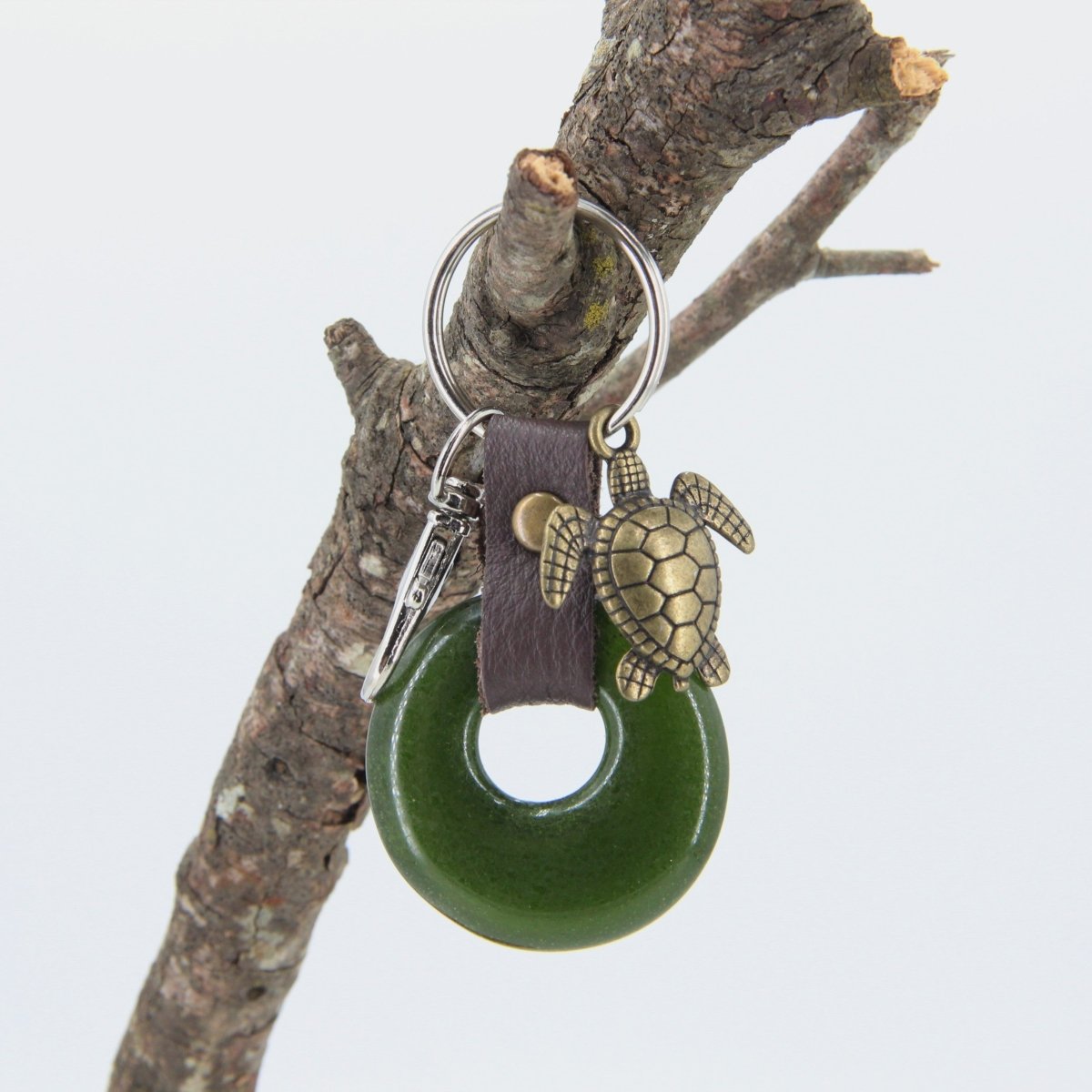Upcycled Glass and Leather Keychain with a Turtle Charm