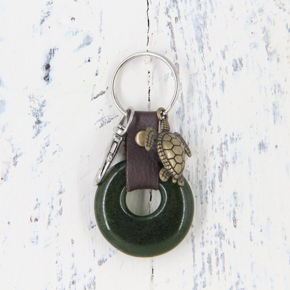 Upcycled Glass and Leather Keychain with a Turtle Charm