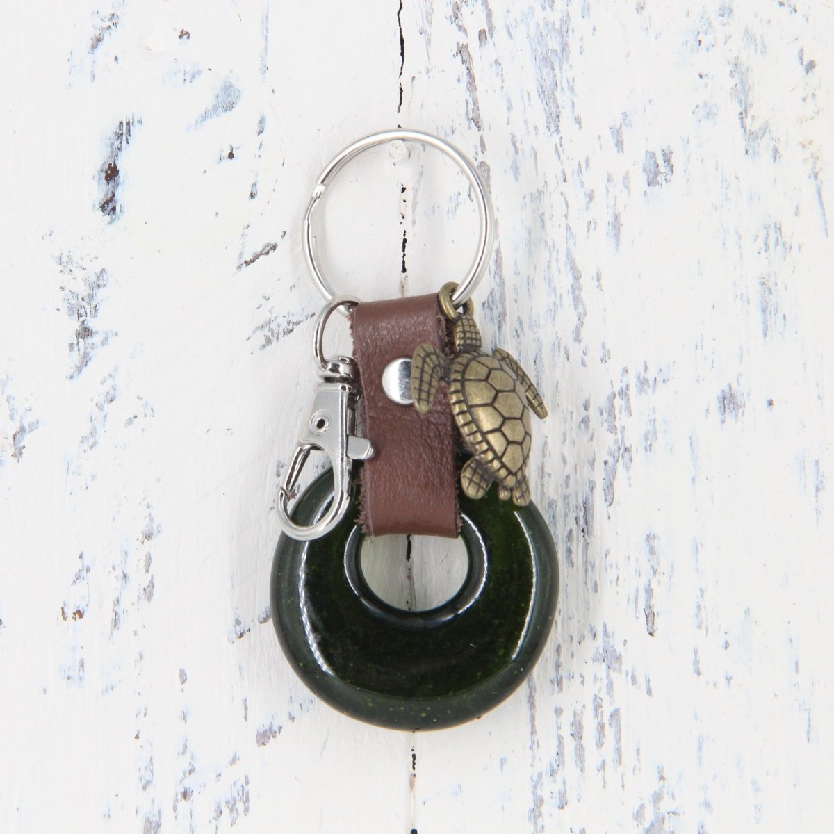 Upcycled Glass and Leather Keychain with a Turtle Charm