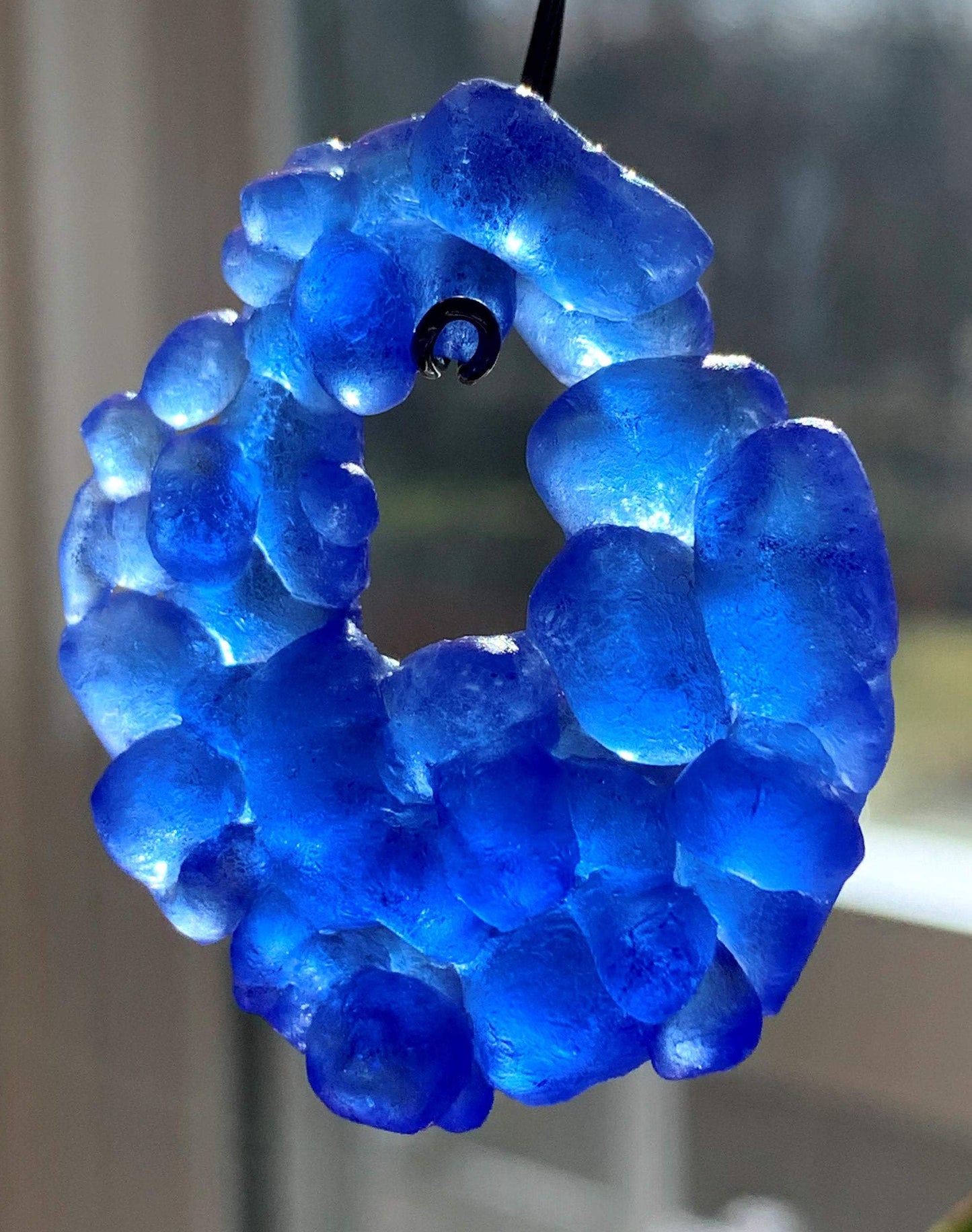 Upcycled Glass Jewelry, Blue Statement Pendant Necklace, Recycled Glass, Gift for Wine Lover, Glass Bottle Art