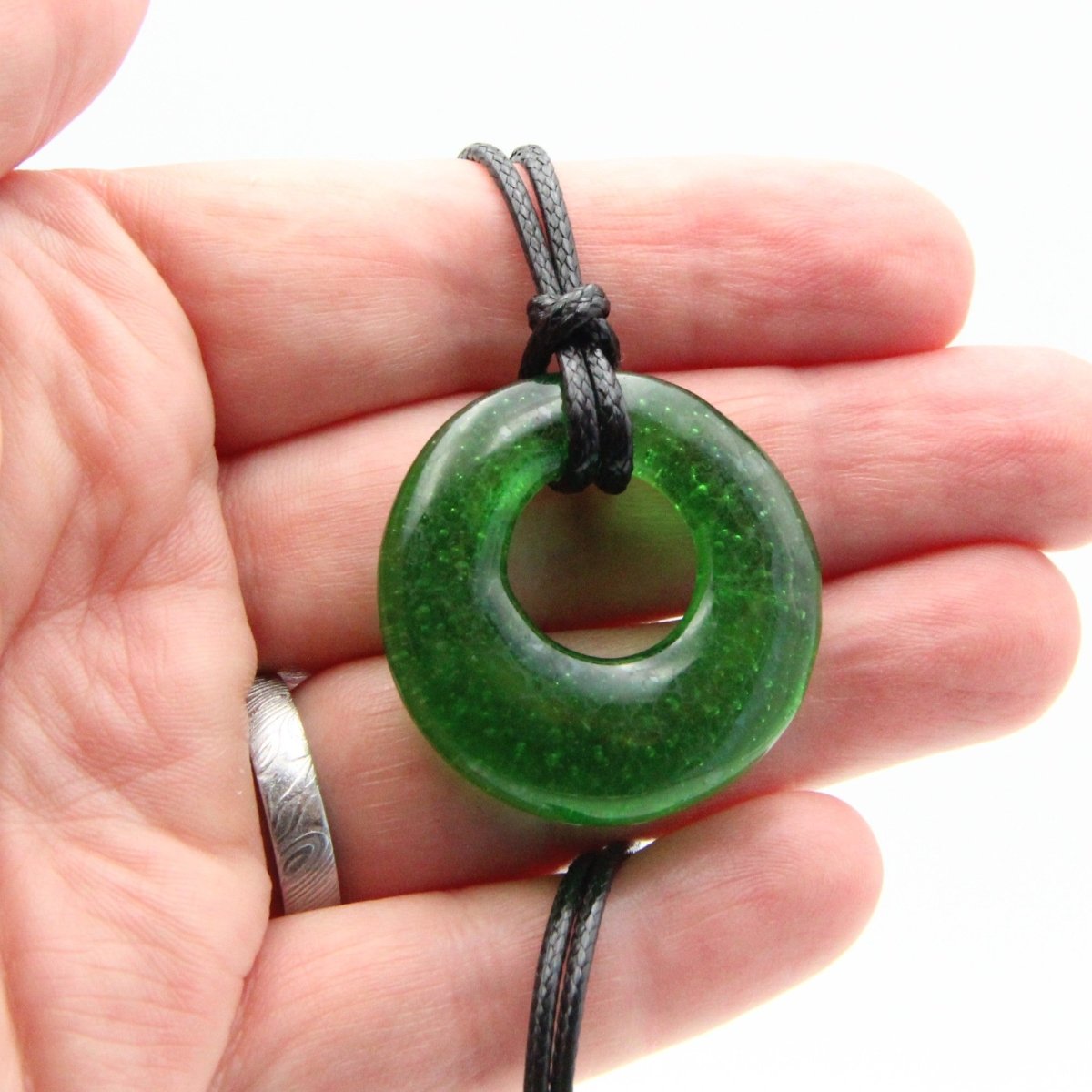 Upcycled Green Donut Necklace, Recycled Glass Pendant