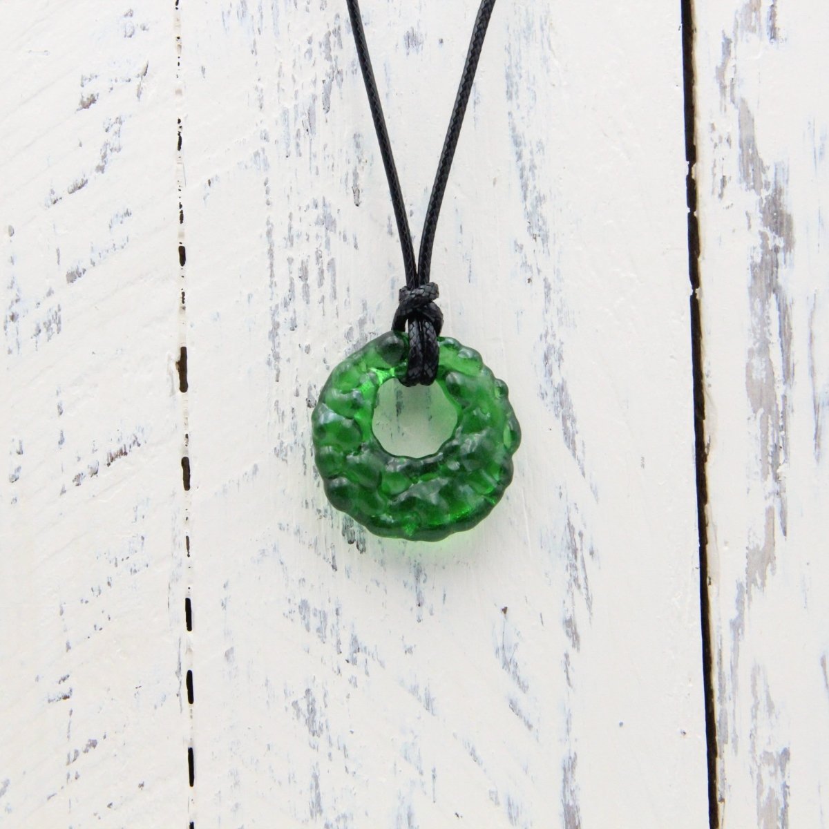 Upcycled Green Donut Necklace, Recycled Glass Pendant