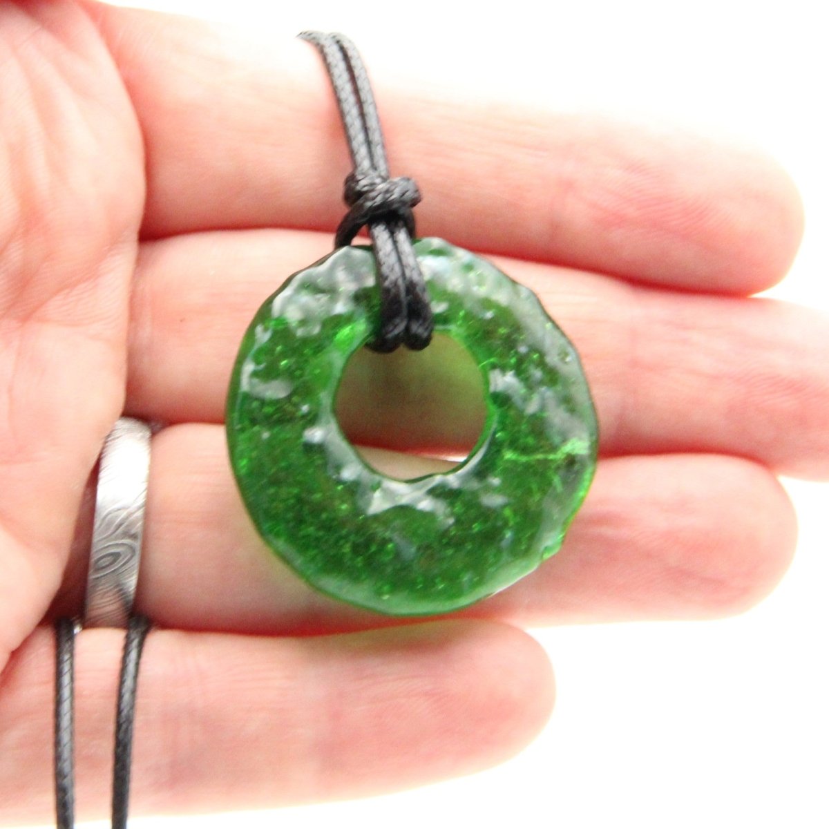 Upcycled Green Donut Necklace, Recycled Glass Pendant