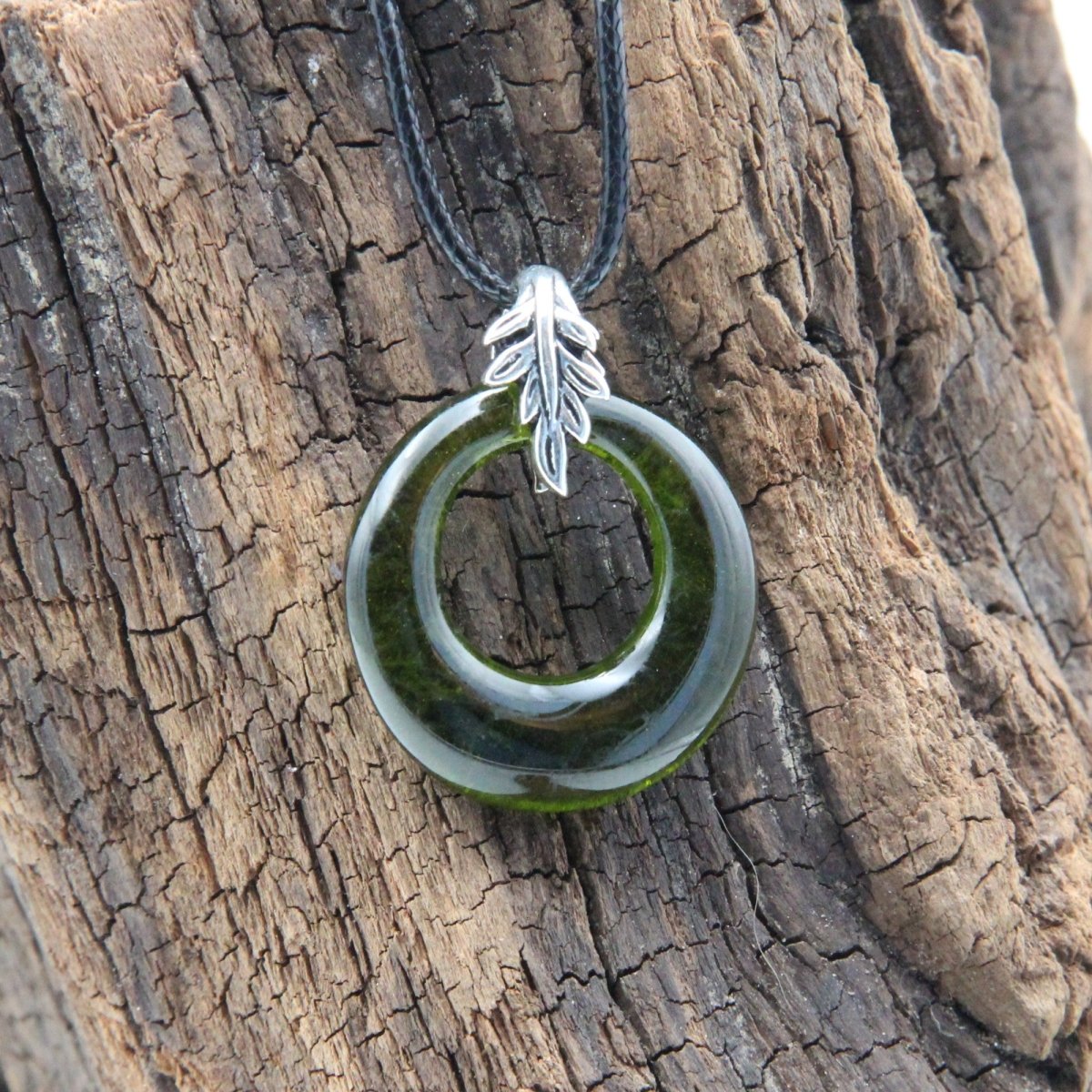 Upcycled Green Donut Necklace, Recycled Glass Pendant