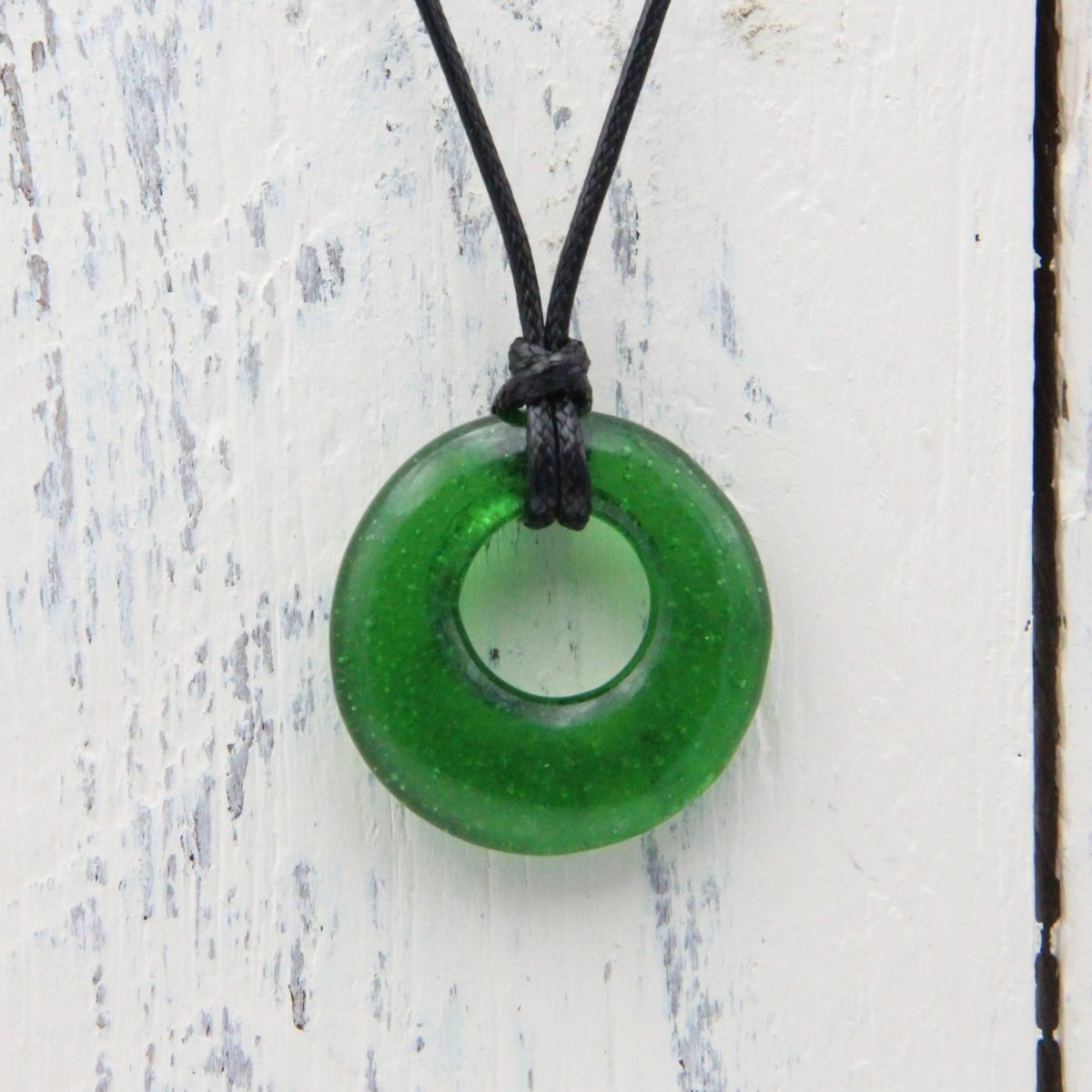 Upcycled Green Donut Necklace, Recycled Glass Pendant