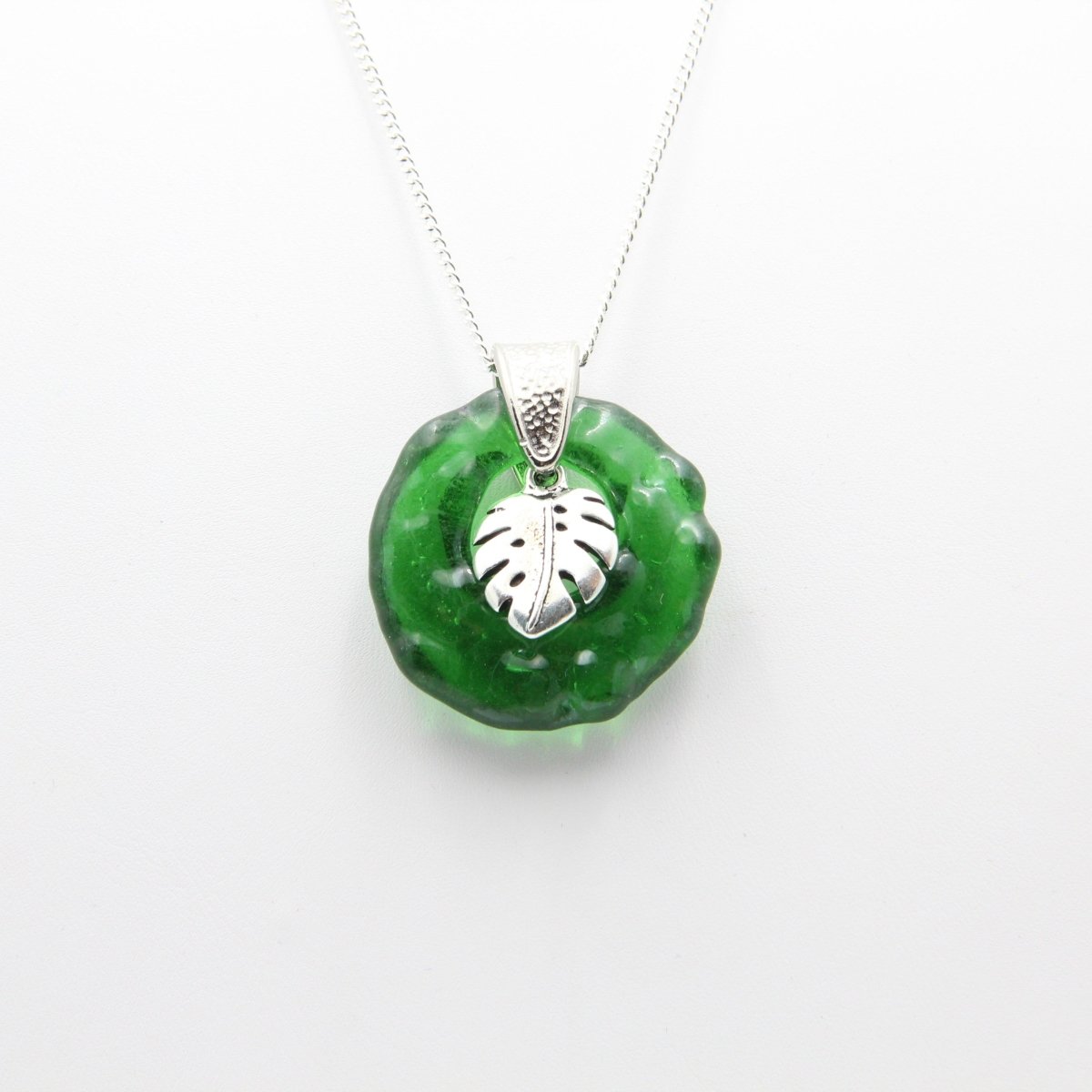 Upcycled Green Donut Necklace, Recycled Wine Bottle Glass Pendant with Monstera Leaf Charm
