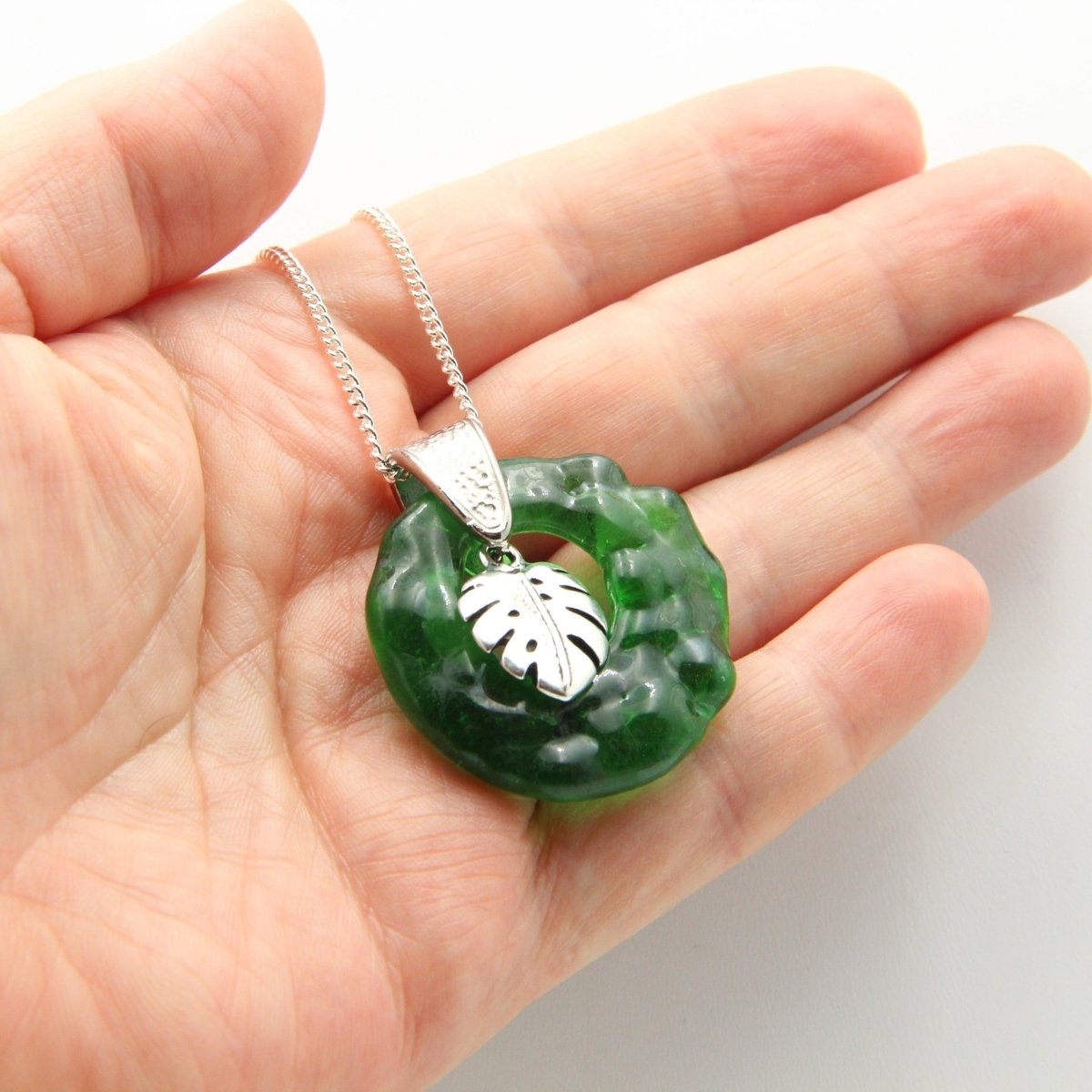 Upcycled Green Donut Necklace, Recycled Wine Bottle Glass Pendant with Monstera Leaf Charm