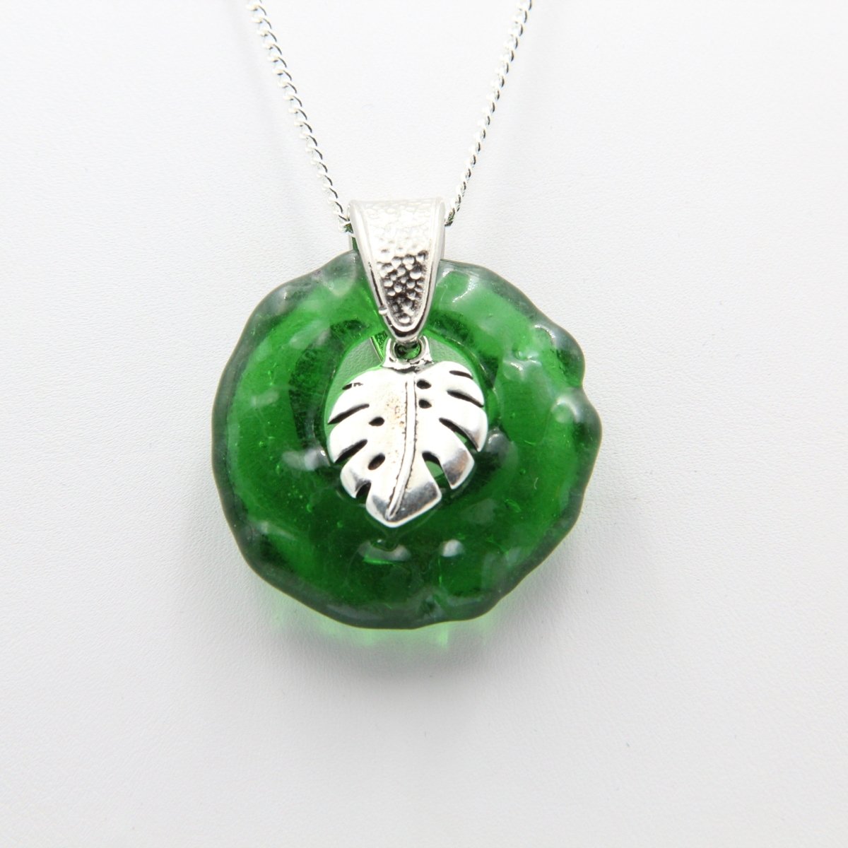 Upcycled Green Donut Necklace, Recycled Wine Bottle Glass Pendant with Monstera Leaf Charm