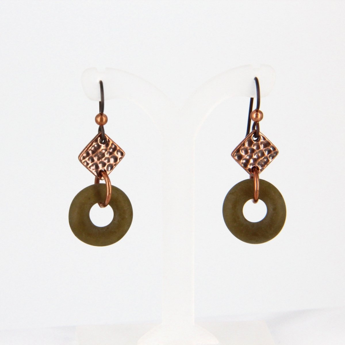 Upcycled Green Glass and Copper Dangle Earrings
