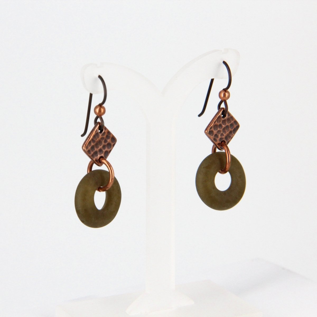 Upcycled Green Glass and Copper Dangle Earrings