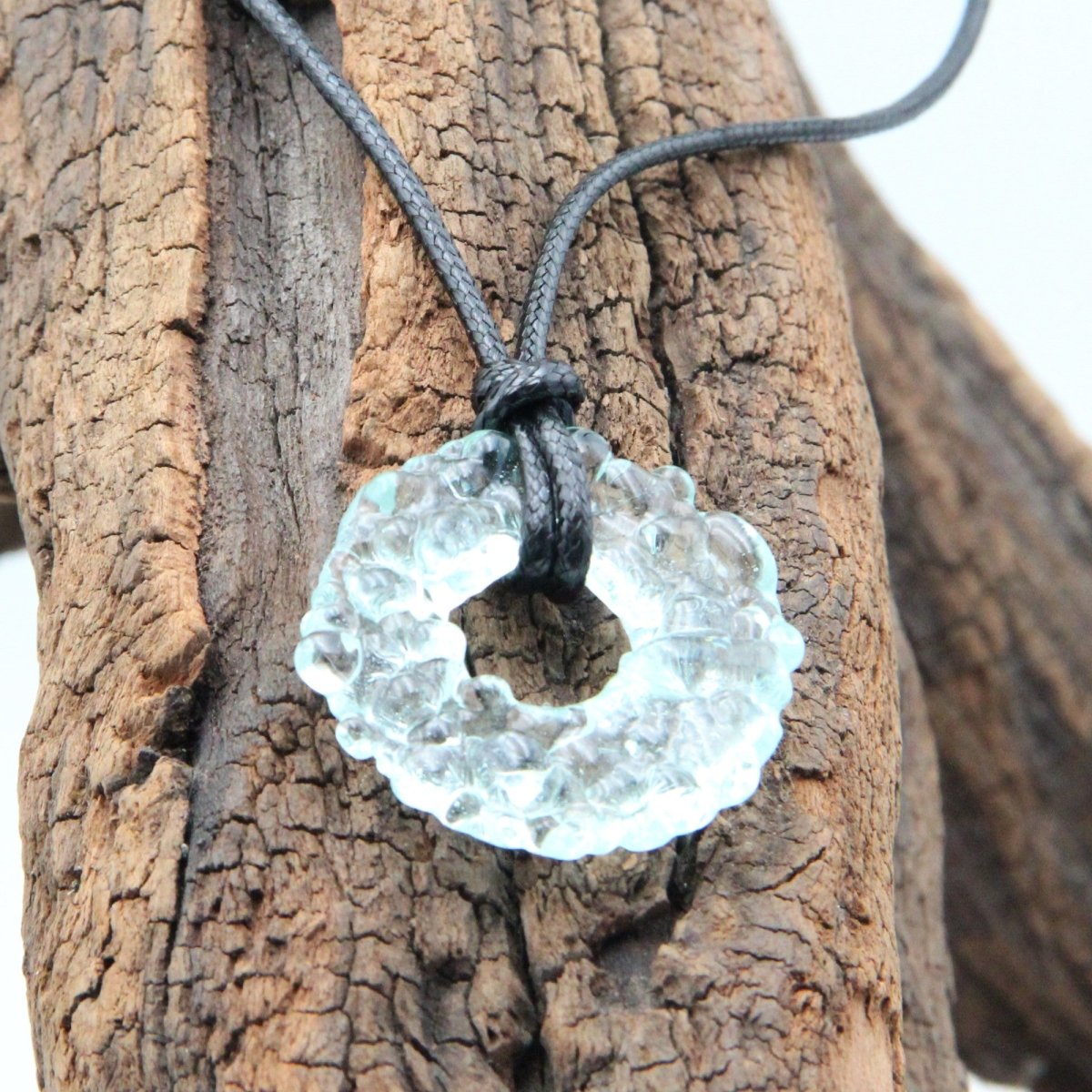 Upcycled Pale Aqua Blue Donut Necklace, Recycled Glass Pendant