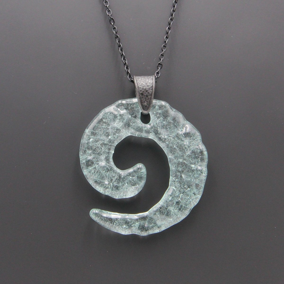 Upcycled Pale Aqua Blue Spiral Necklace, Recycled Glass Pendant