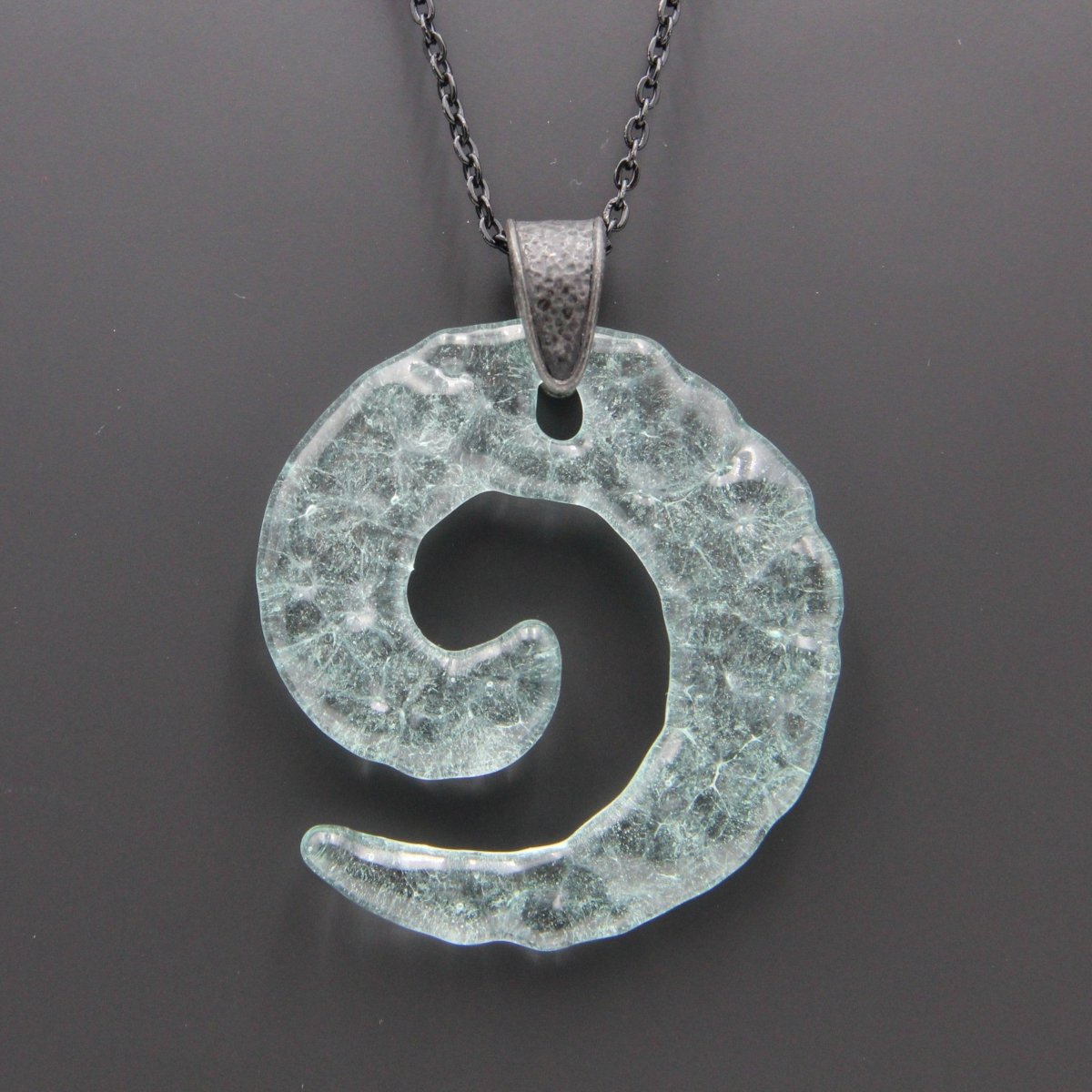Upcycled Pale Aqua Blue Spiral Necklace, Recycled Glass Pendant