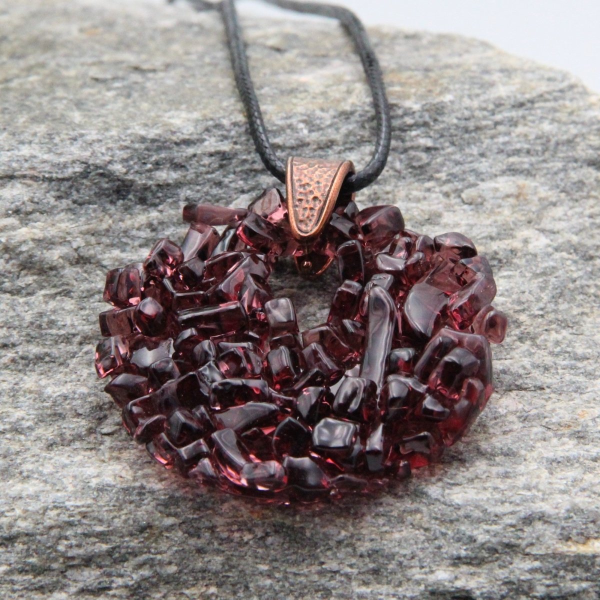 Upcycled Purple Circle Necklace, Recycled Glass Pendant