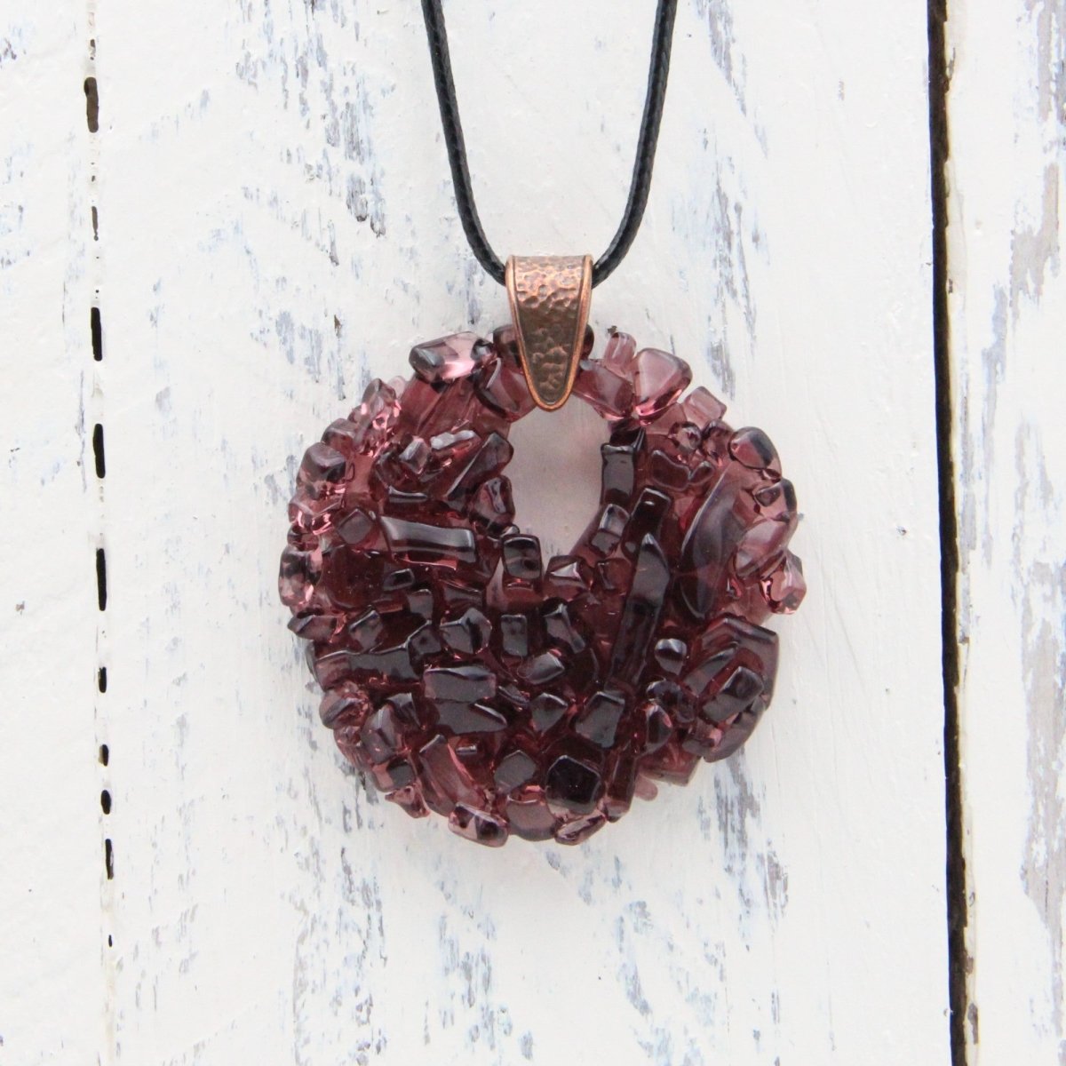 Upcycled Purple Circle Necklace, Recycled Glass Pendant
