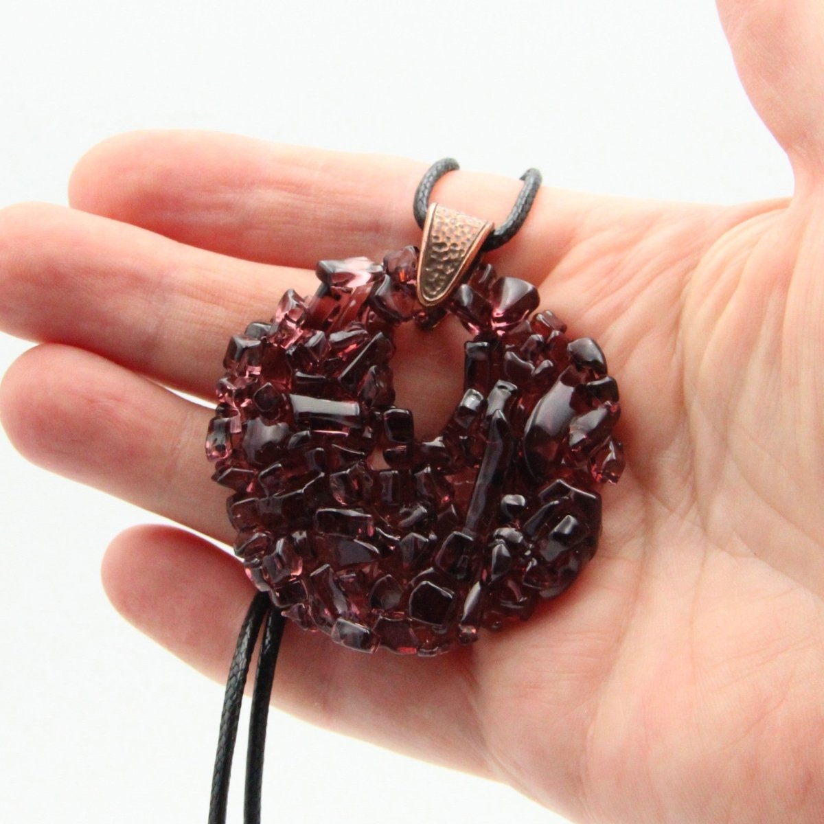 Upcycled Purple Circle Necklace, Recycled Glass Pendant