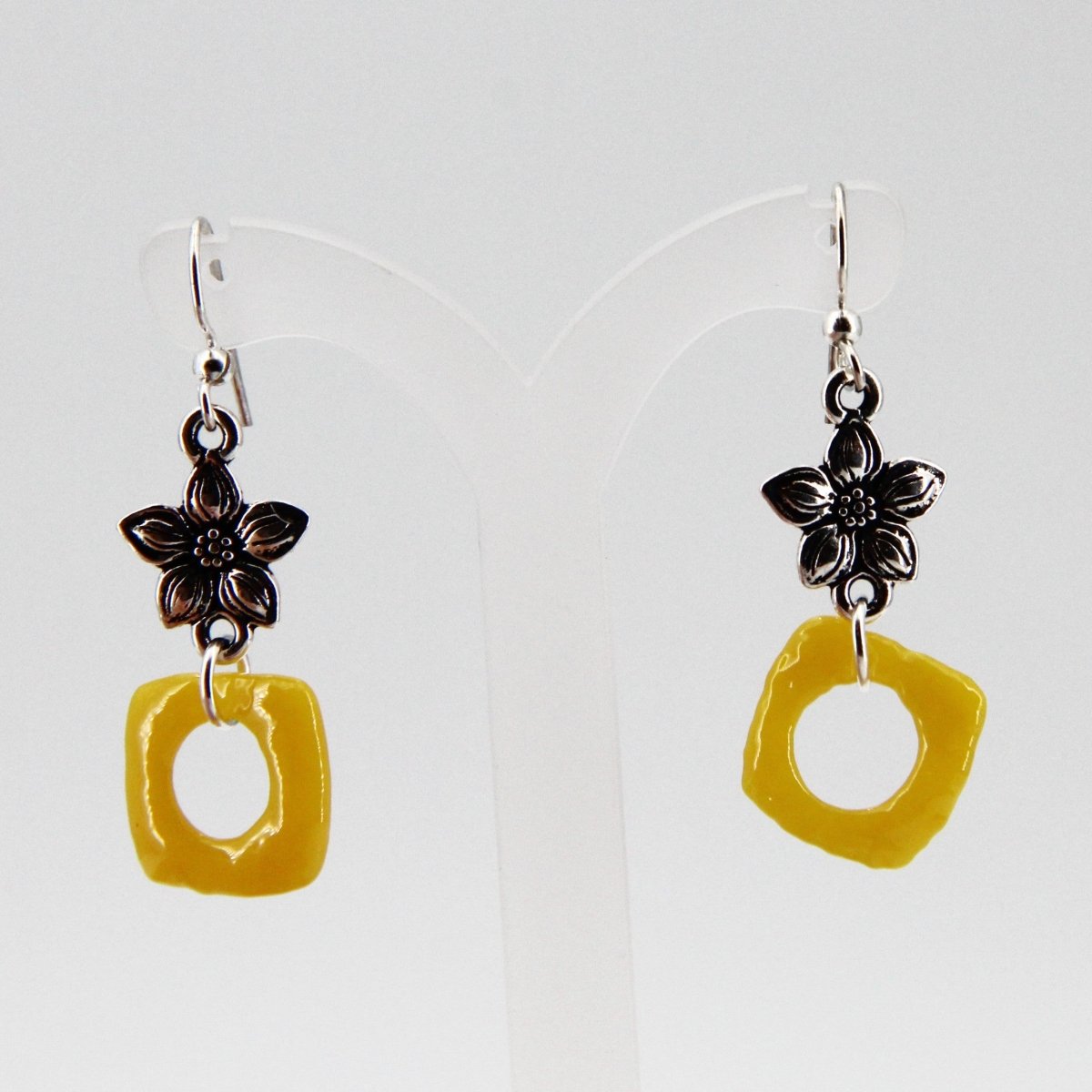 Yellow Glass Earrings with Silver Star Jasmine Charm