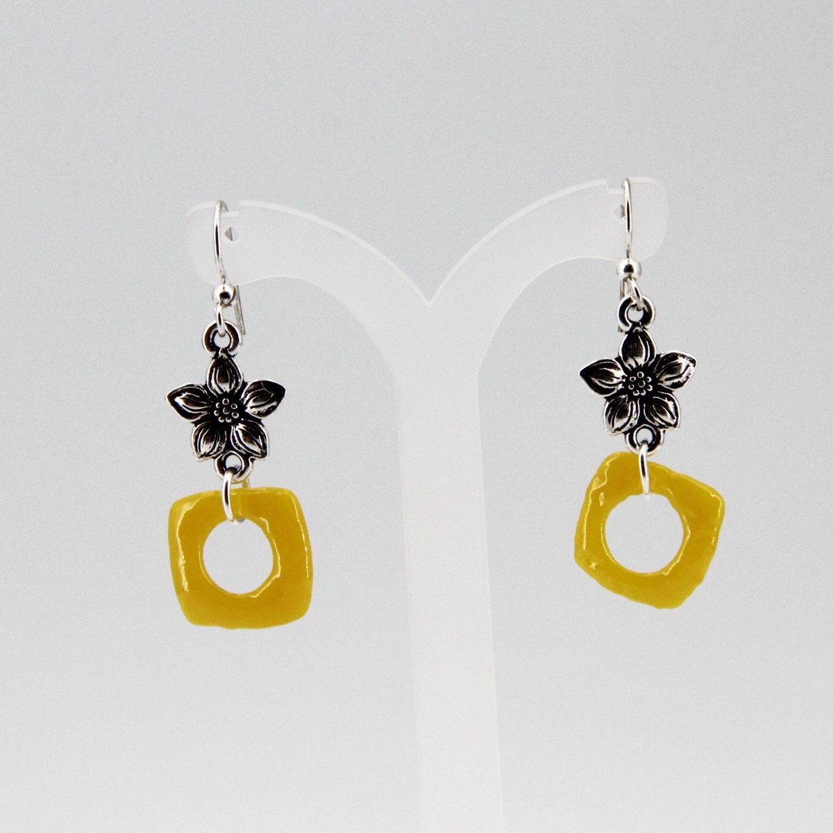Yellow Glass Earrings with Silver Star Jasmine Charm
