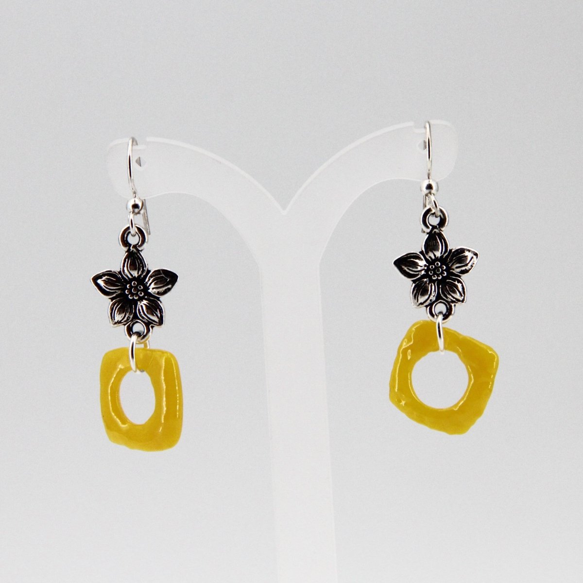 Yellow Glass Earrings with Silver Star Jasmine Charm