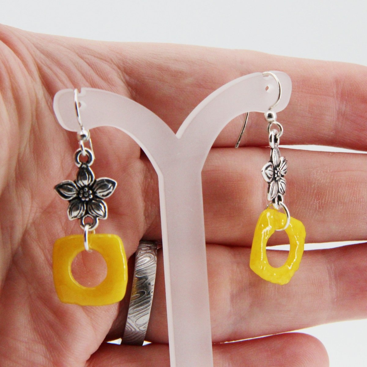 Yellow Glass Earrings with Silver Star Jasmine Charm