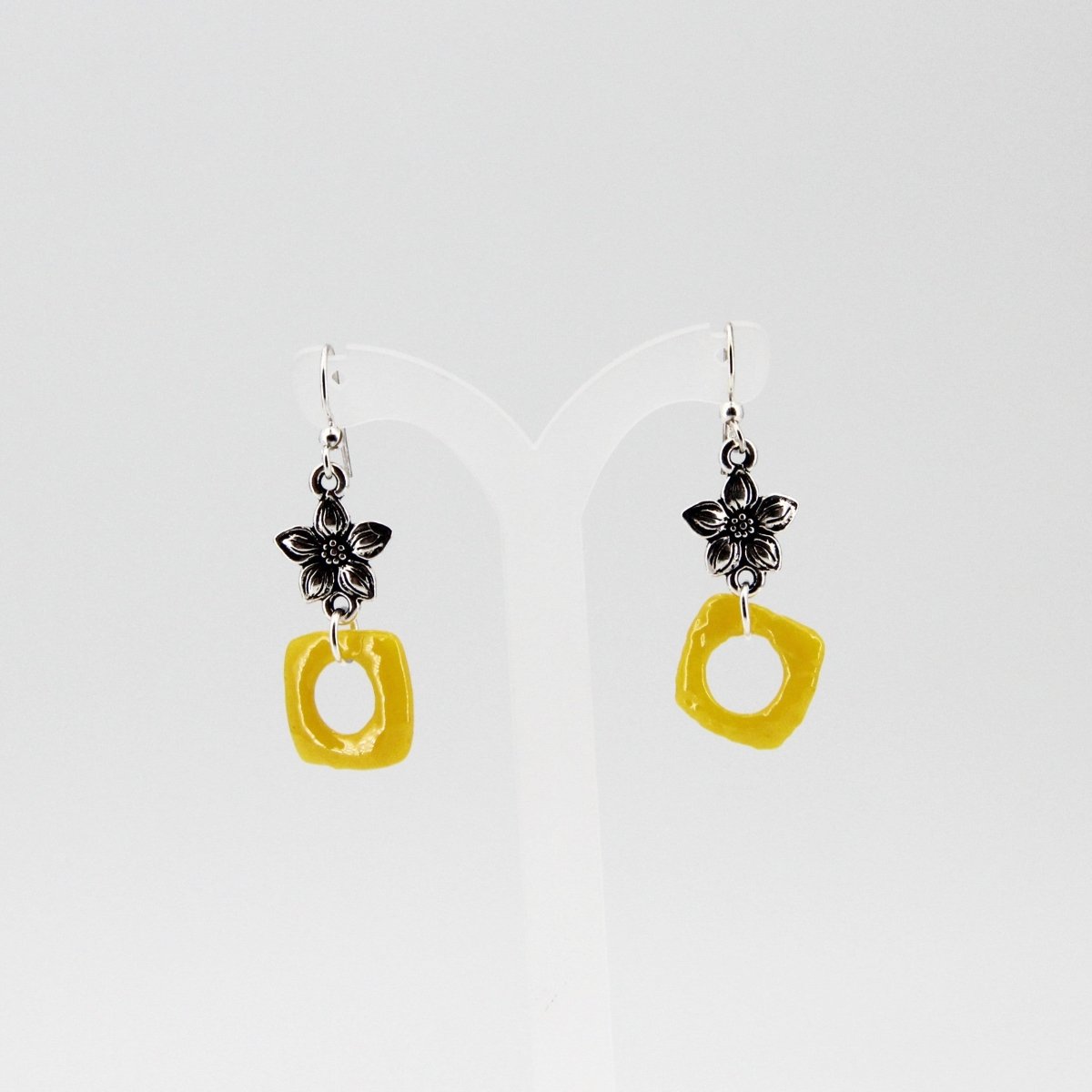 Yellow Glass Earrings with Silver Star Jasmine Charm