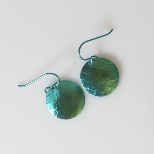 Aqua Blue Anodized Niobium Dangle Earrings with Scale Pattern - SnarkyFish