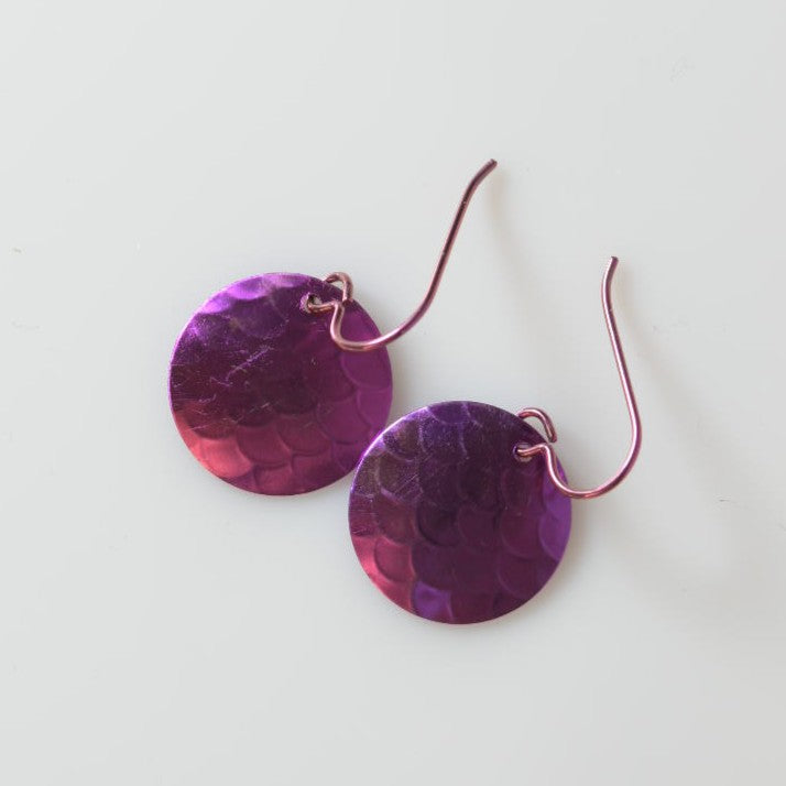 Bright Pink Anodized Niobium Dangle Earrings with Scale Pattern
