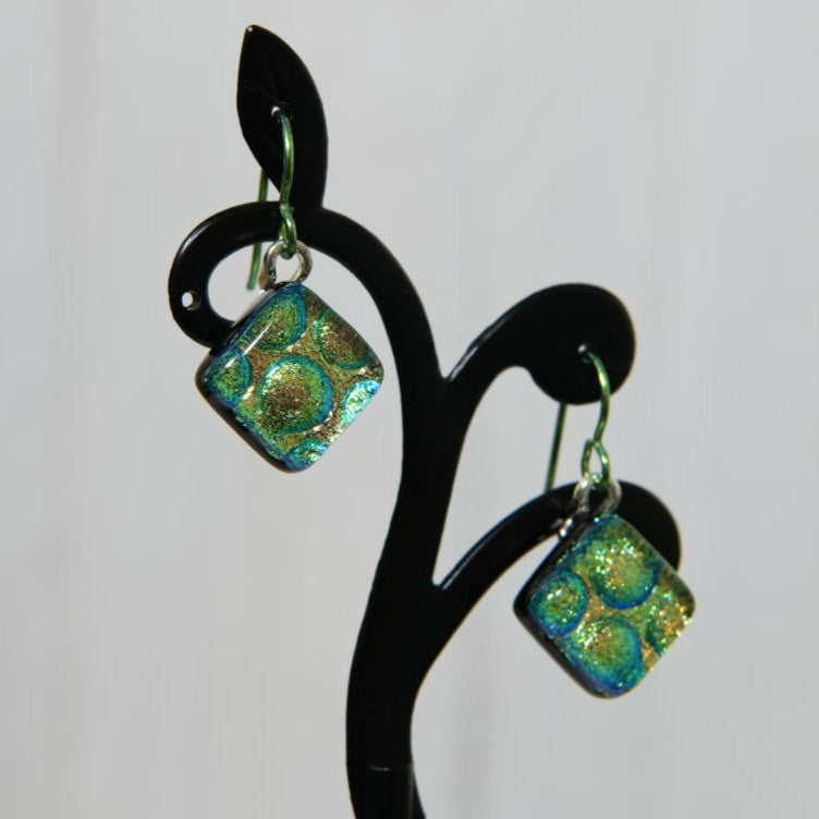 Aqua Green and Gold Dichroic Glass Bubble Earrings