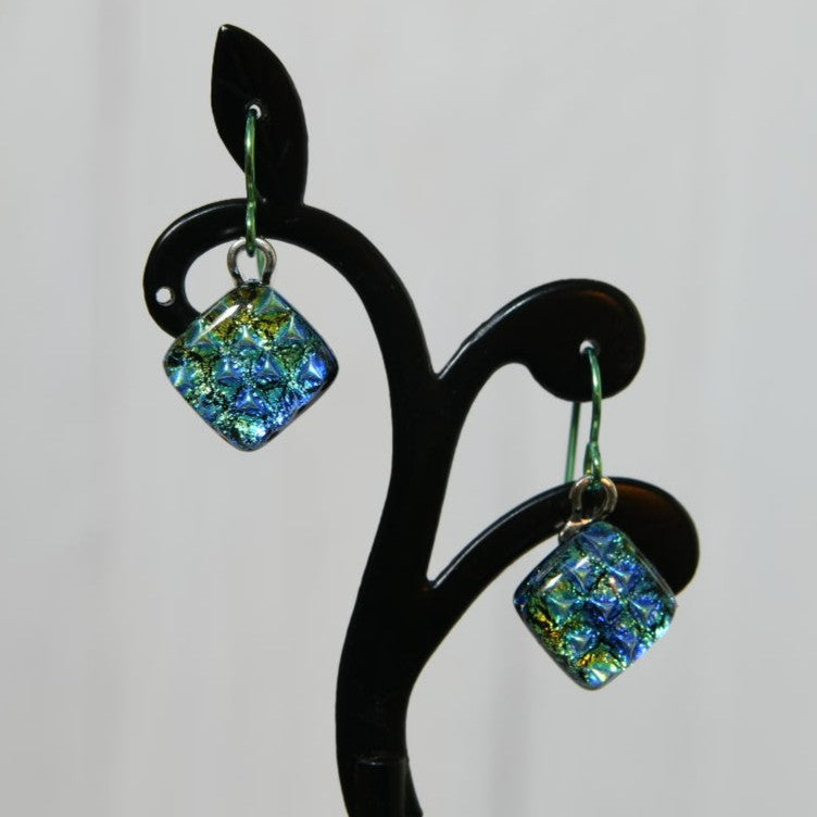 Blue Scale Pattern Dichroic Glass Earrings