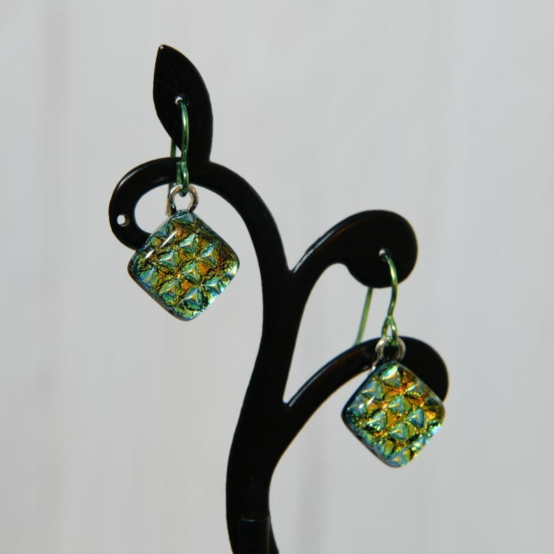 Yellow with Green Scale Pattern Dichroic Glass Earrings