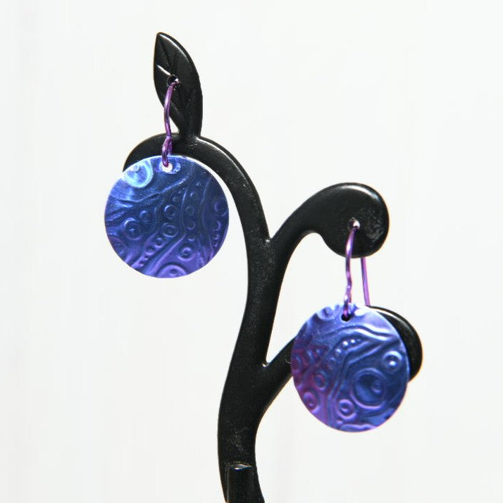 Blue Purple Anodized Niobium Dangle Earrings with Bubble Pattern