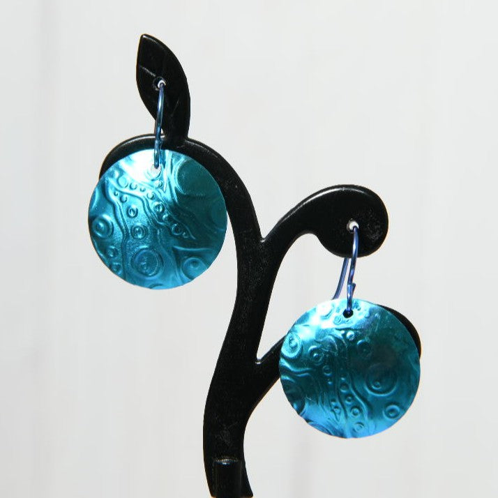 Turquoise Blue Anodized Niobium Dangle Earrings with Bubble Pattern