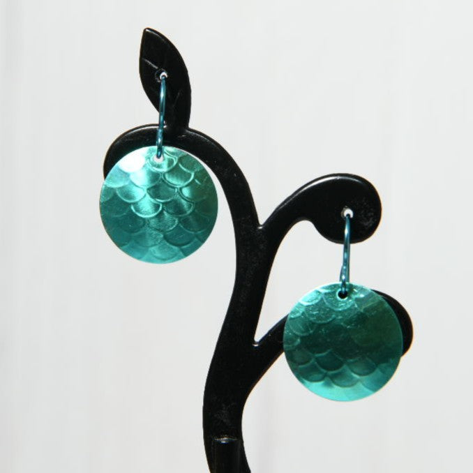 Aqua Blue Anodized Niobium Dangle Earrings with Scale Pattern