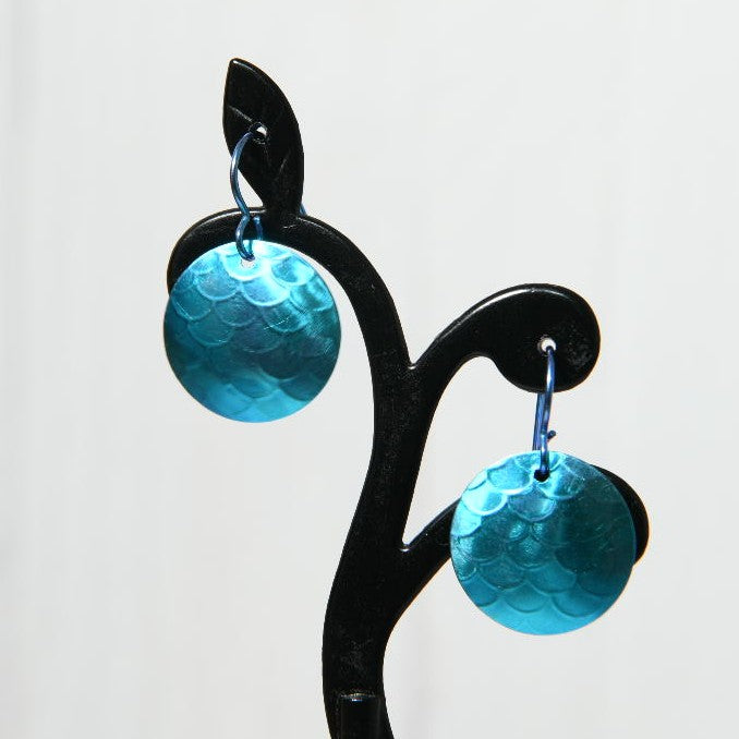 Turquoise Blue Anodized Niobium Dangle Earrings with Scale Pattern