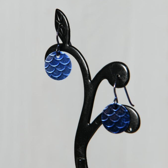 Dark Blue Anodized Niobium Dangle Earrings with Scale Pattern